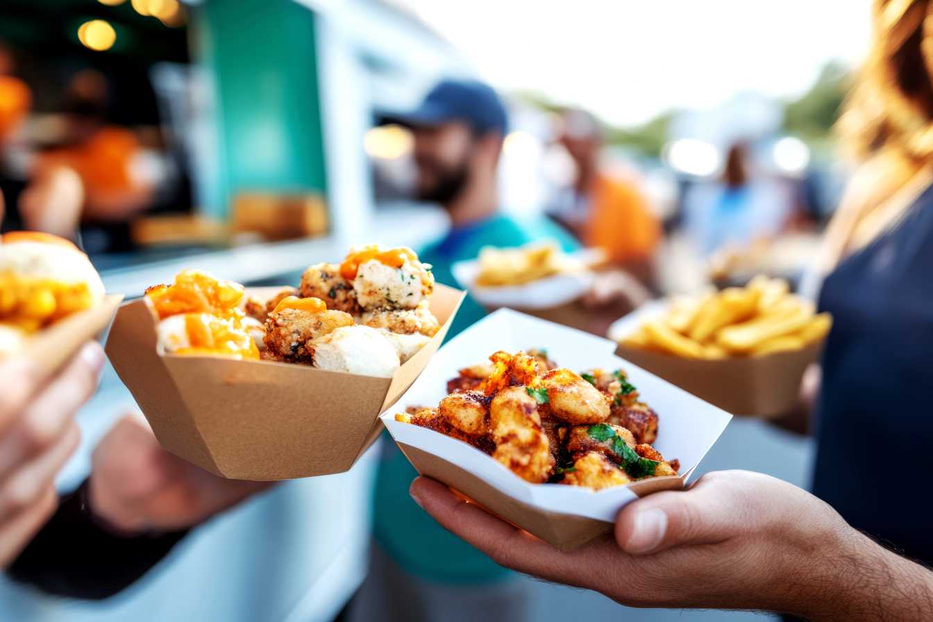 Two people holding their food in the foreground while a busy food truck is in the background.