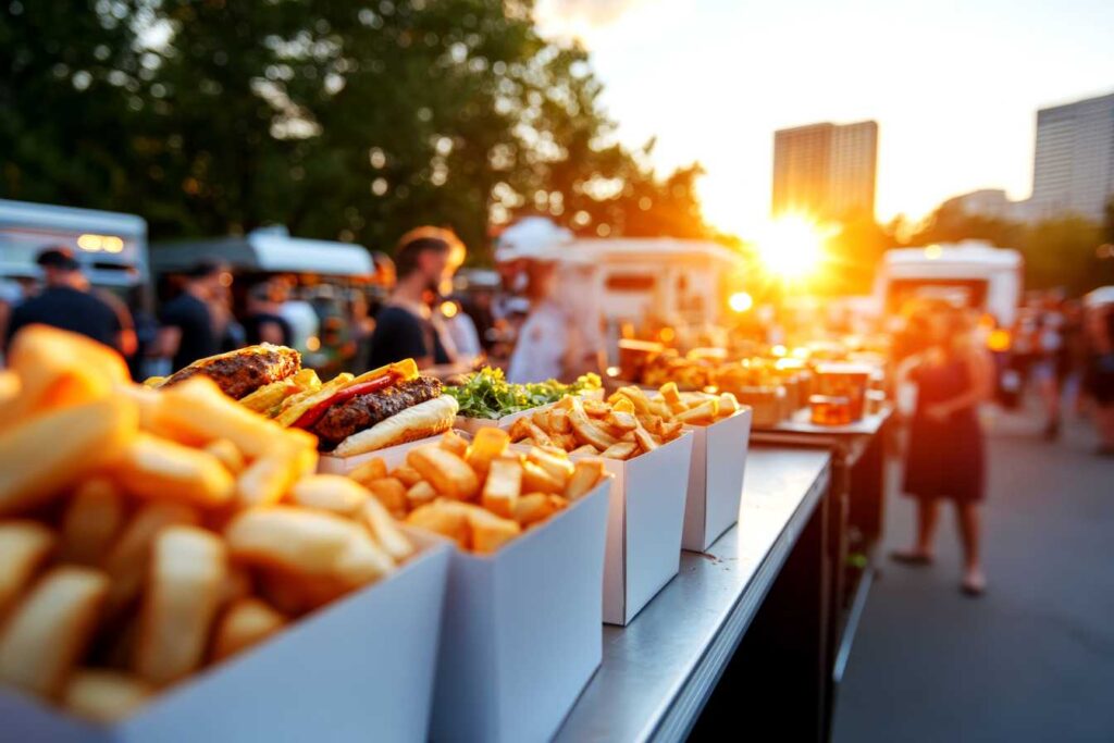 An outdoor event with a row of hamburgers and French fries.