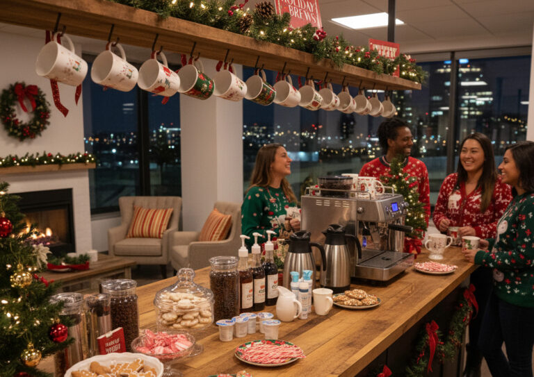 group of office workers around a coffee station