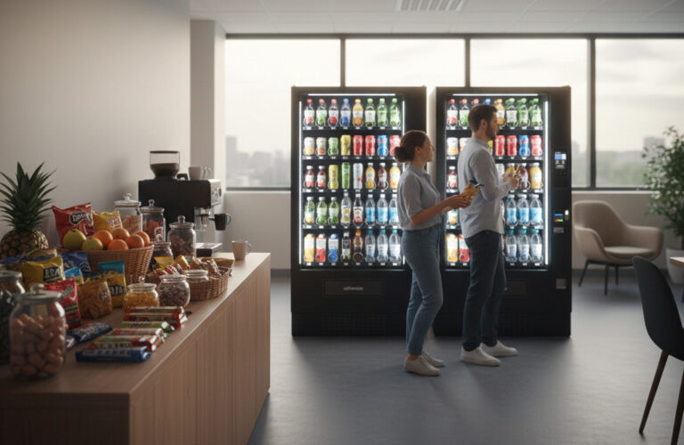 two workers in a breakroom