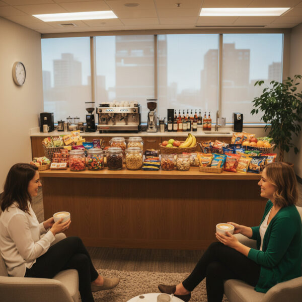 two women enjoying coffee in a breakroom
