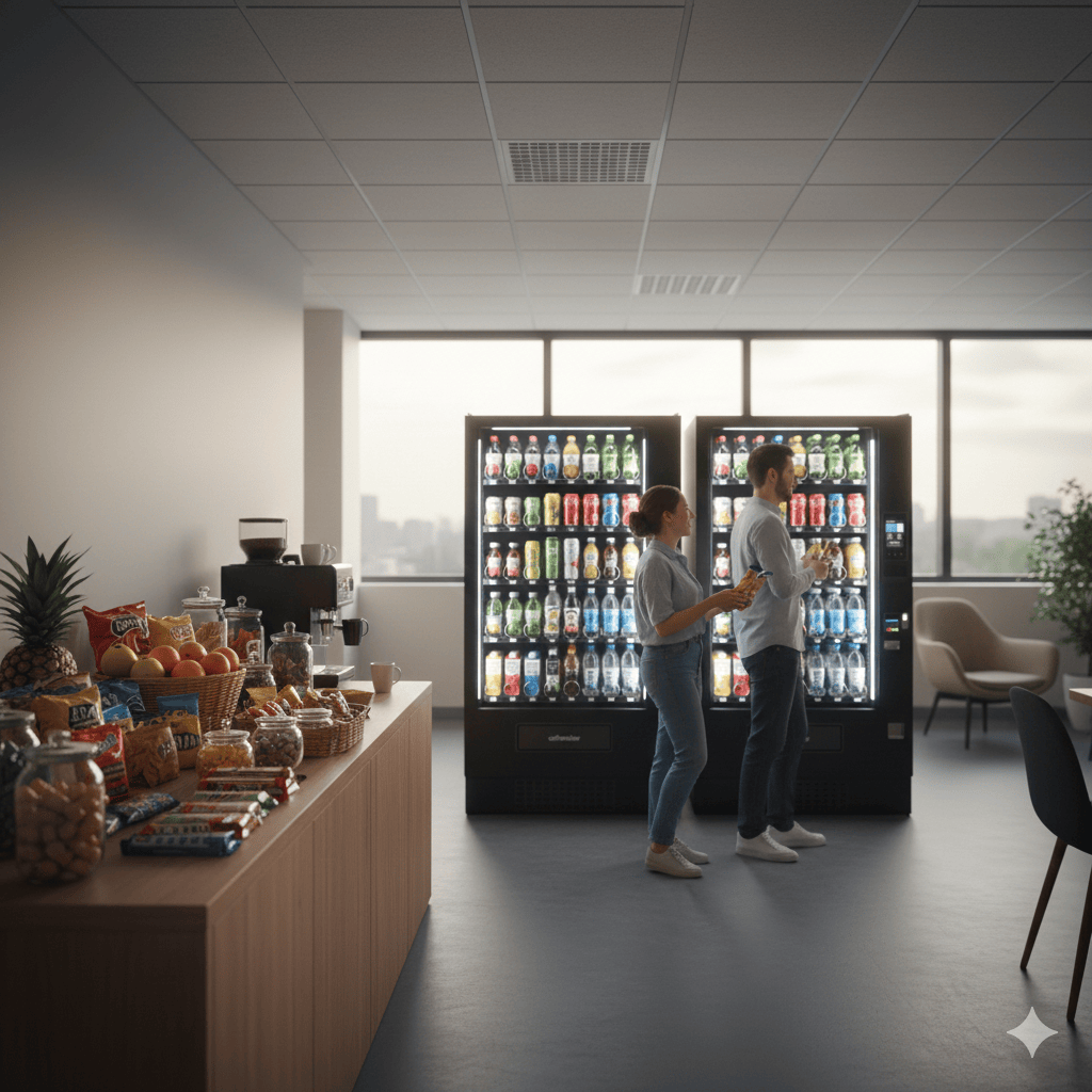an office breakroom with snacks and vending machines