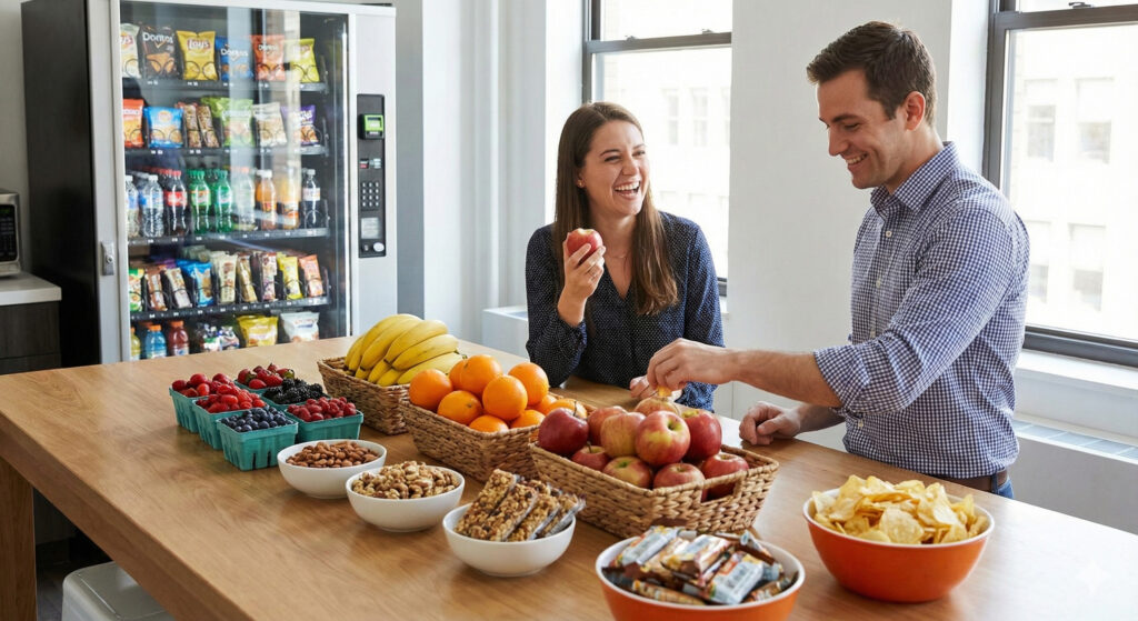 two coworkers inside a breakroom with snacks