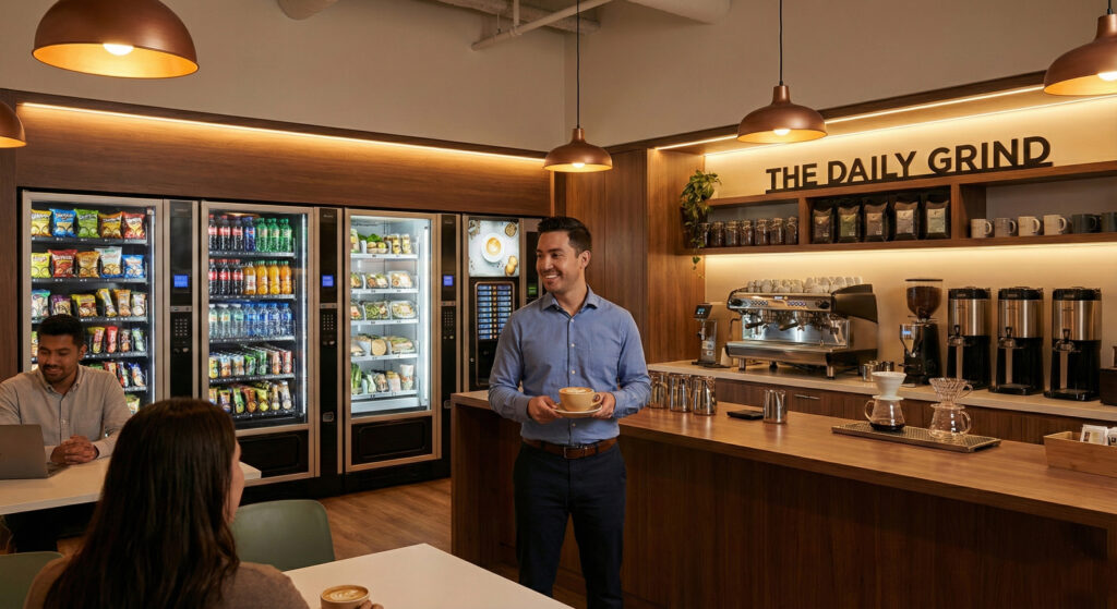 man grabbing coffee in office breakroom