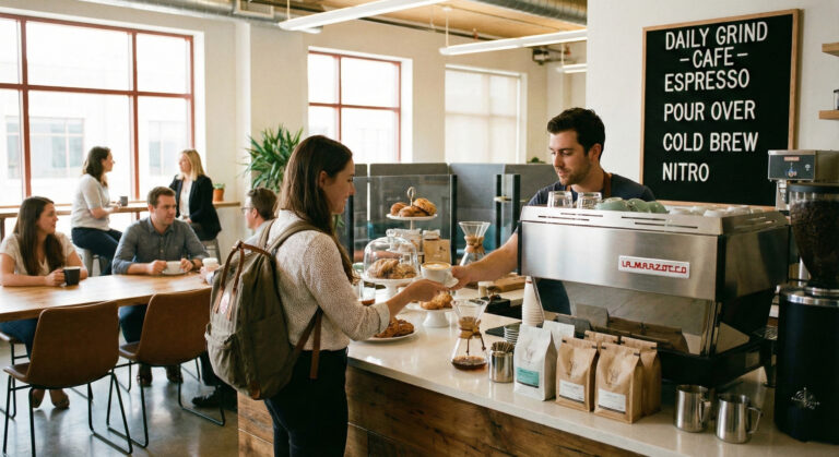woman grabbing a coffee at an office coffee spot