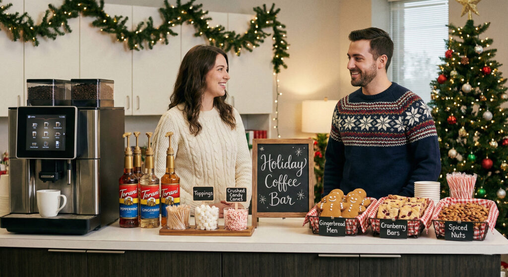 two coworkers in an office breakroom with a great festive coffee bar