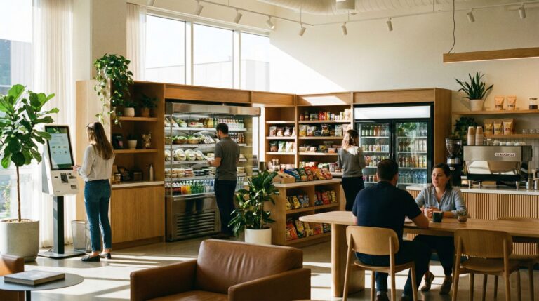 office employees in a breakroom with a micro market and vending options