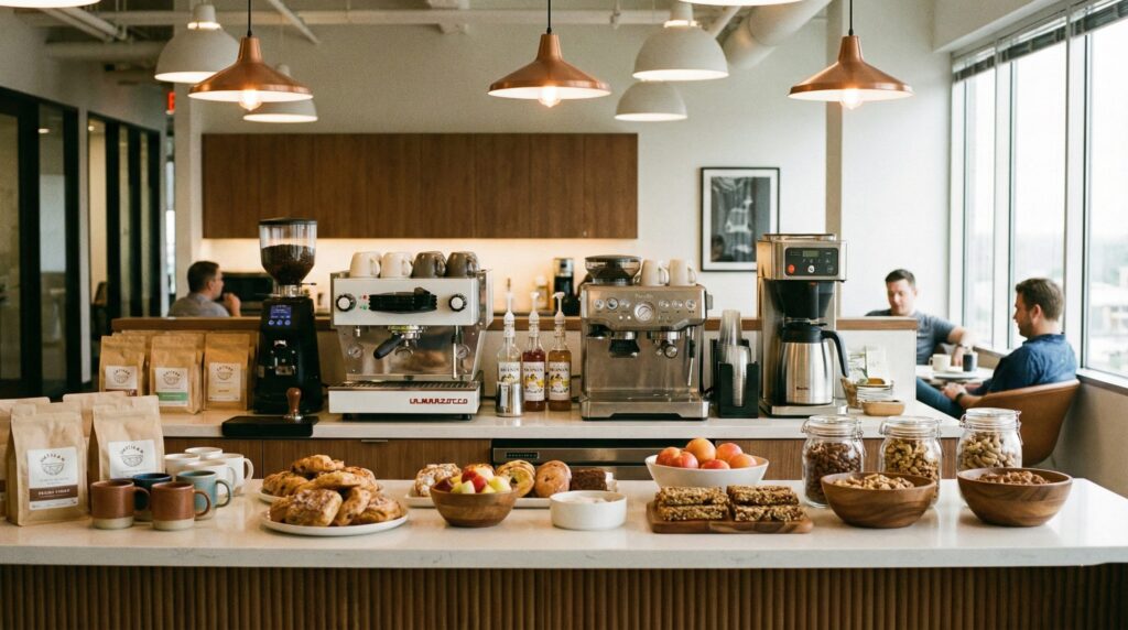 office breakroom with nice selection of coffee and snacks