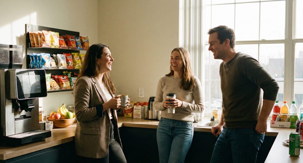 three people chatting in an office breakroom