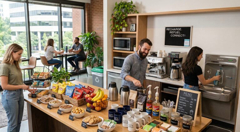 man perusing snacks in an office breakroom