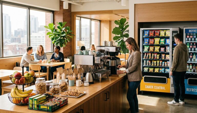 office breakroom with nice snacks, warm outdoor lighting