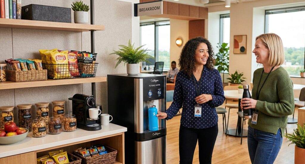 two women at a water refill station chatting