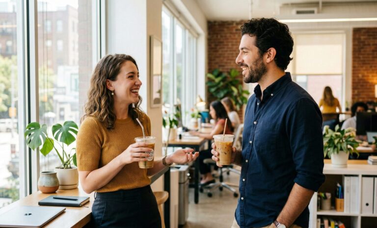 two coworkers with iced coffee